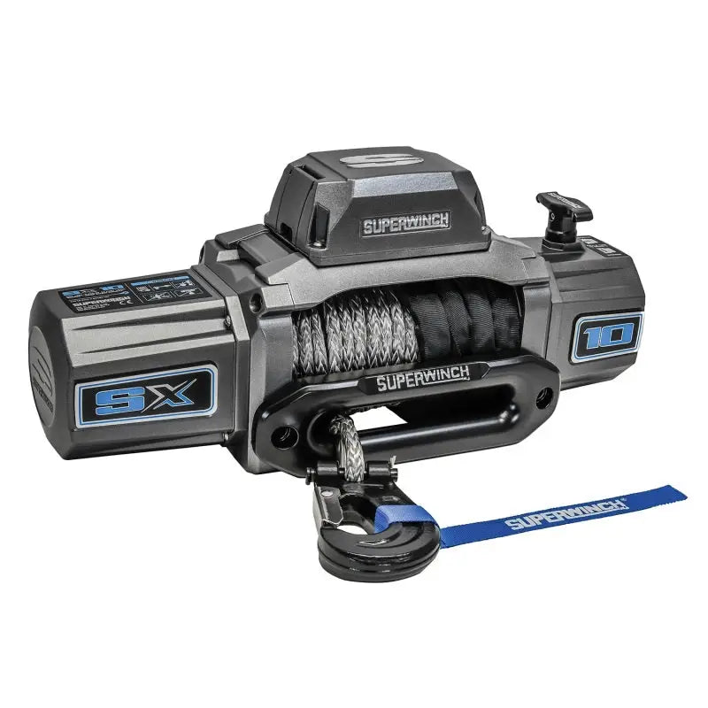 Close up of Superwinch 10000 LBS 12V DC 3/8in x 80ft Synthetic Rope SX 10000 Winch.
