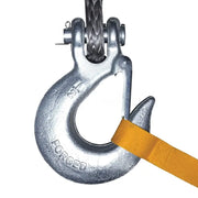 Close up of hook with yellow strap on Superwinch 11500 LBS Tiger Shark 11500 Winch