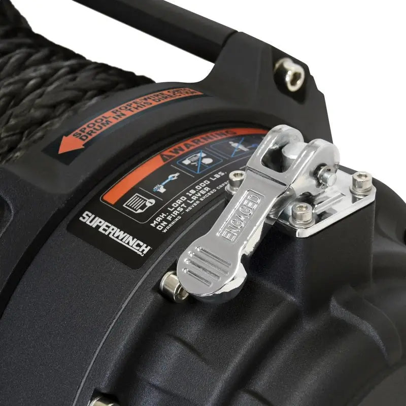 Superwinch Tiger Shark 18000SR Winch with black and orange hose and metal handle