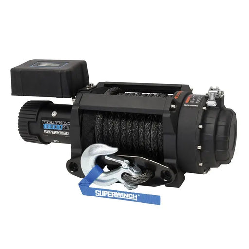 Superwinch Tiger Shark 18000SR Winch with synthetic rope displayed