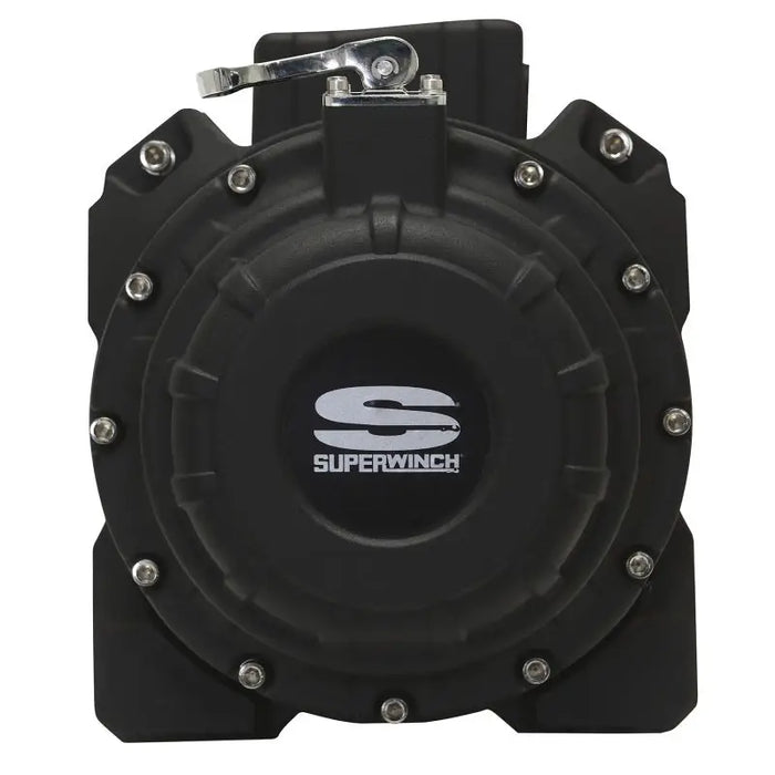 Black engine cover with silver logo on Superwinch 18000SR Tiger Shark Winch