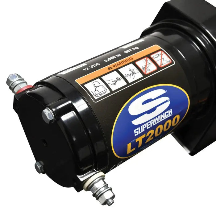 Black fuel pump with blue and white logo on Superwinch LT2000 winch.