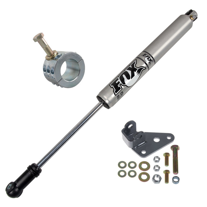 Close up of synergy jeep wrangler jk/jku fox steering stabilizer relocation bracket with bolts