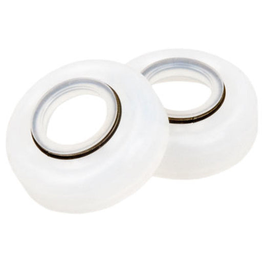 Two white plastic washers for synergy jeep heavy duty front ball joint dust boot set dana 30/44 displayed on white background