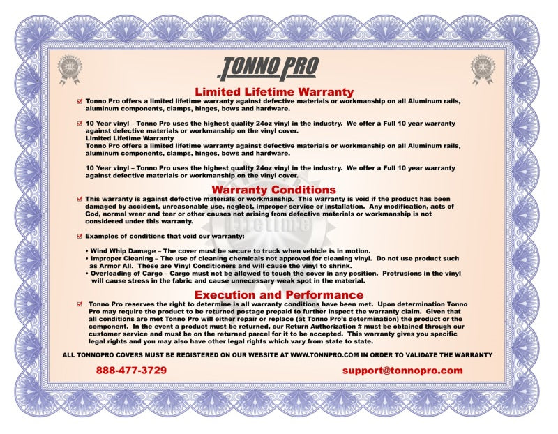 Tonno pro tonneau cover certificate - installation instructions