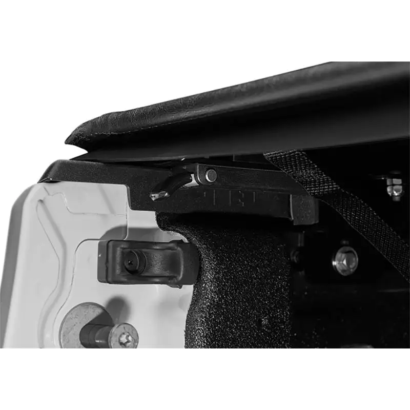 Black chair with seat belt displayed in Truxedo 2020 Jeep Gladiator 5ft Lo Pro Bed Cover.