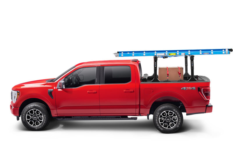 Black truxedo elevate fs rack with red truck and ladder - adjustable height, chevrolet silverado, dodge ram, gmc sierra