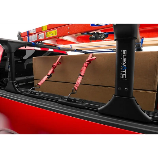 Red truck tie down kit with two red handles and black handle for Chevrolet Silverado, Dodge Ram, GMC Sierra.