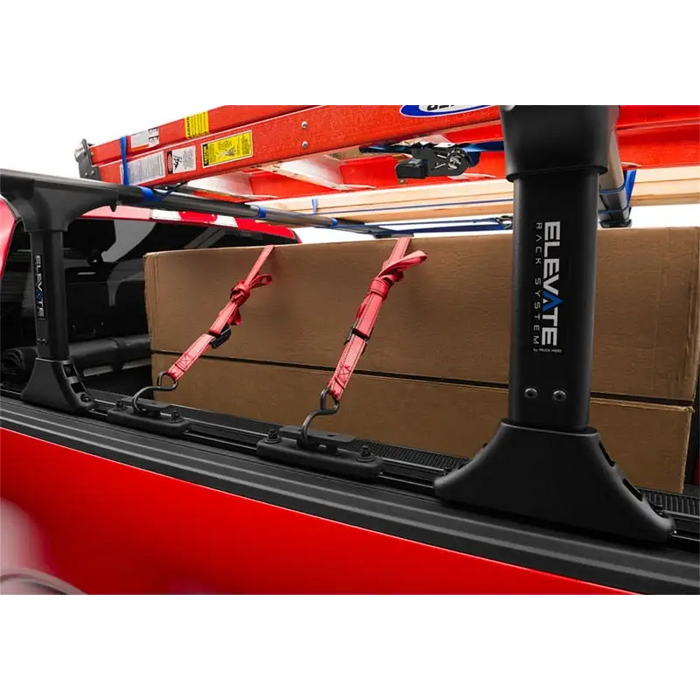 Red truck tie down kit with two red handles and black handle for Chevrolet Silverado, Dodge Ram, GMC Sierra.