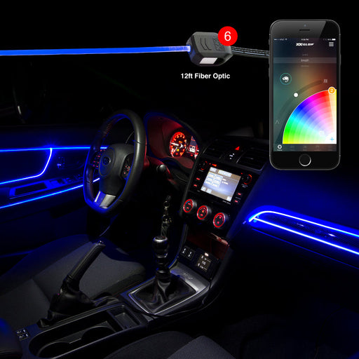 Interior of car with smartphone and xk glow fiber optic roll led accent light kit