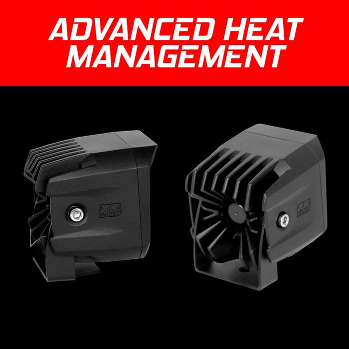 Two advanced heat pumps with ’advanced heat management’ text on xk glow xkchrome 20w led cube light - fog beam