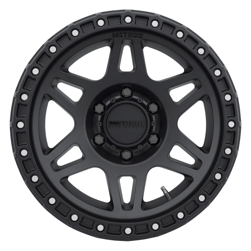 Method mr312 17x9 matte black wheel with white spoke.