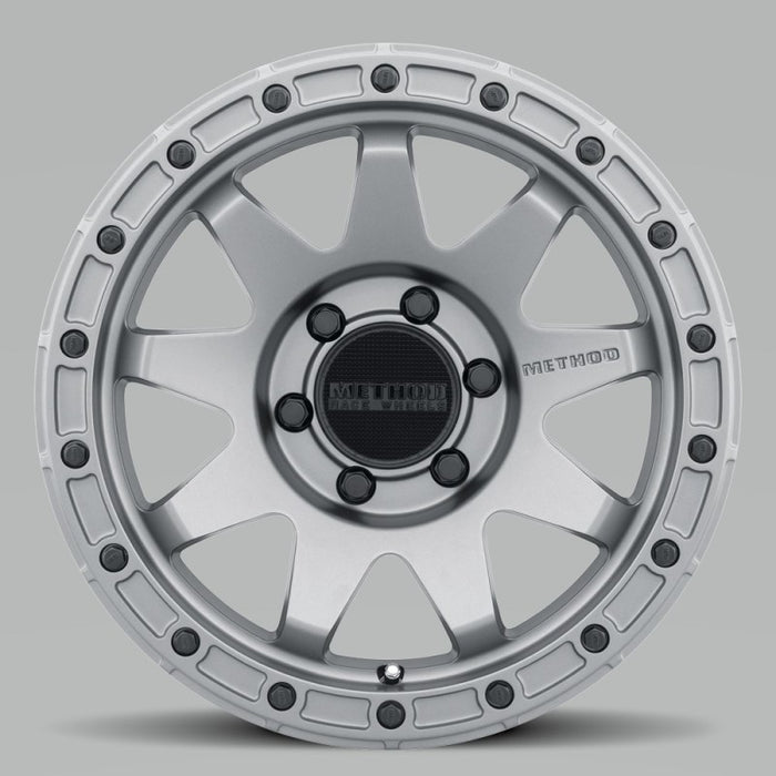 Method mr317 17x8.5 matte titanium wheel - front wheel of white car