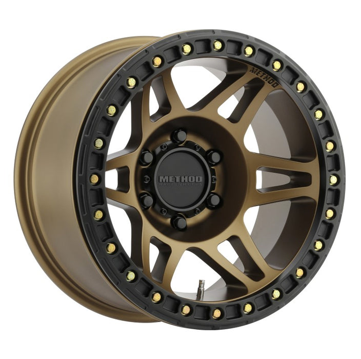Method mr106 beadlock 17x9 -44mm offset wheel with black and gold finish