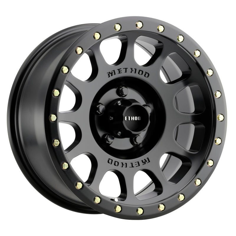 Method mr305 nv 17x8.5 0mm offset matte black wheel with gold studs