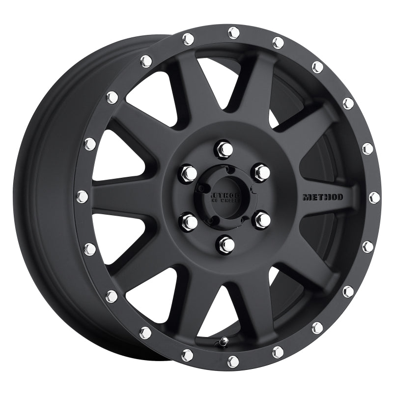 Method mr301 the standard 17x7.5 +50mm offset 6x130 84.1mm cb matte black wheel on white background